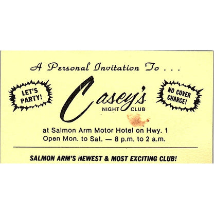 Casey's Night Club at Salmon Arm Motor Hotel Vintage Business Card SD9-B5