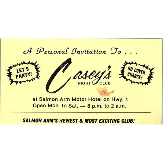 Casey's Night Club at Salmon Arm Motor Hotel Vintage Business Card SD9-B5