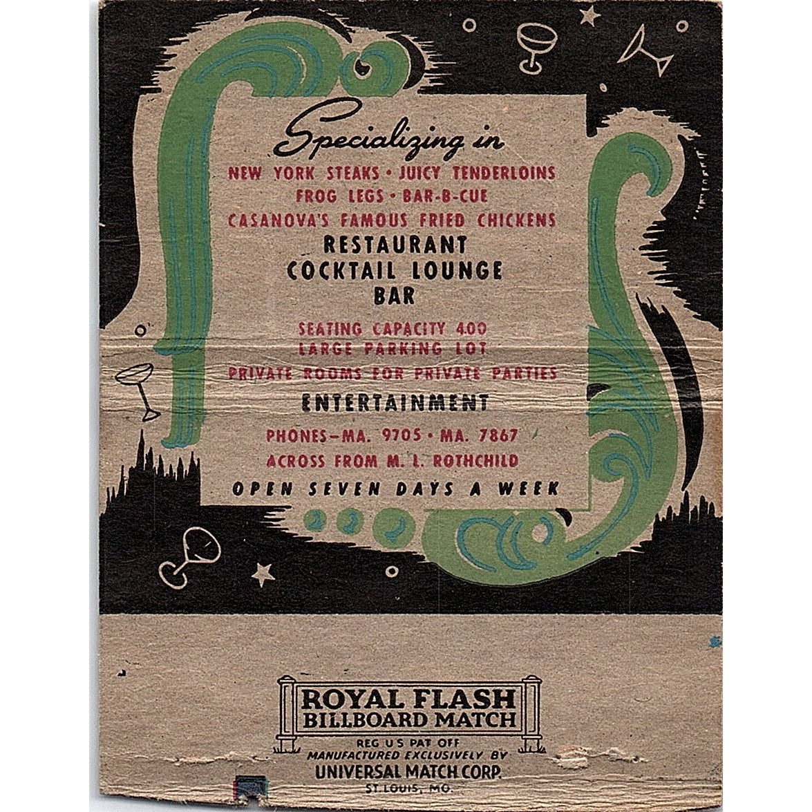 The Casanova Lounge Tommy Ewing Minneapolis Vintage Large Matchbook Cover ML1-8