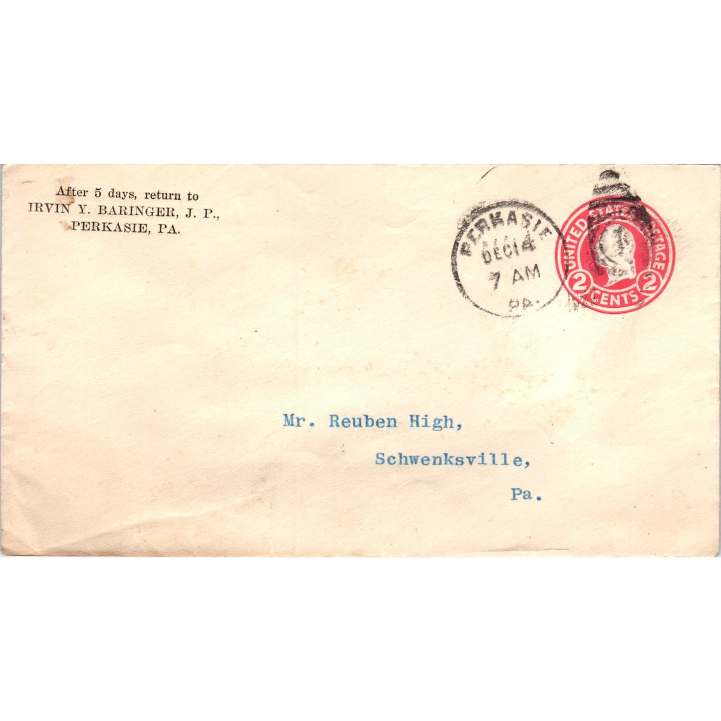 1922 Irvin Baringer J.P. Perkasie to RM High Schwenksville Postal Cover TG7-PC2
