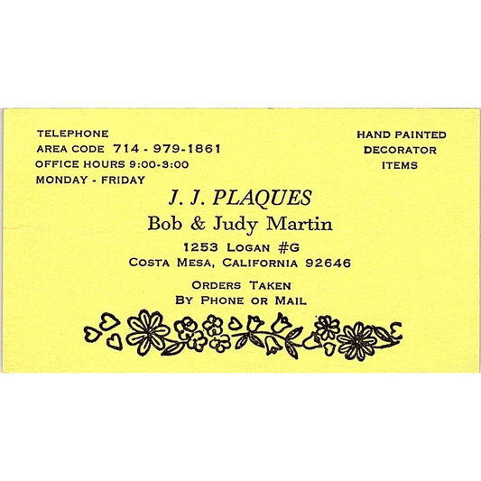 J.J Plaques Bob & Judy Martin Costa Mesa California Vintage Business Card SF3-B3