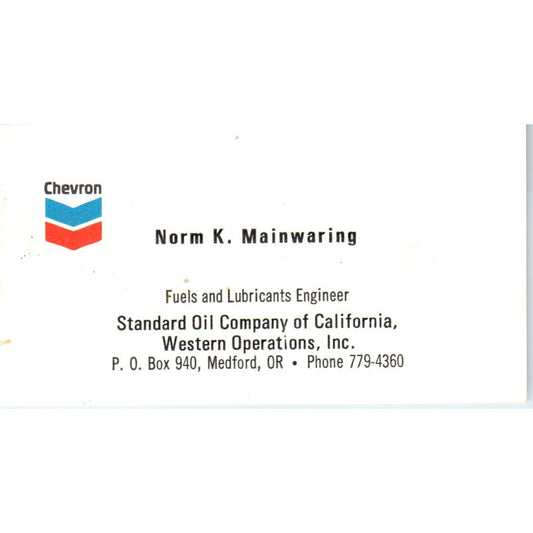 Norm K. Mainwaring Medford OR Chevron Standard Oil Vintage Business Card SD8-B21
