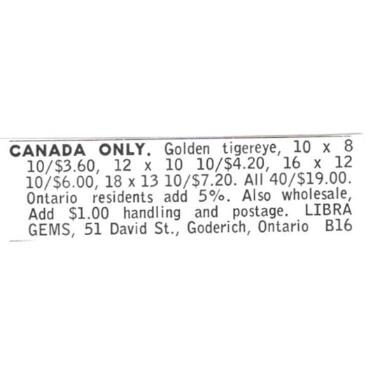 Libra Gems Golden Tiger Eye Goderich Ontario Canada 1972 Ad AF8-S11