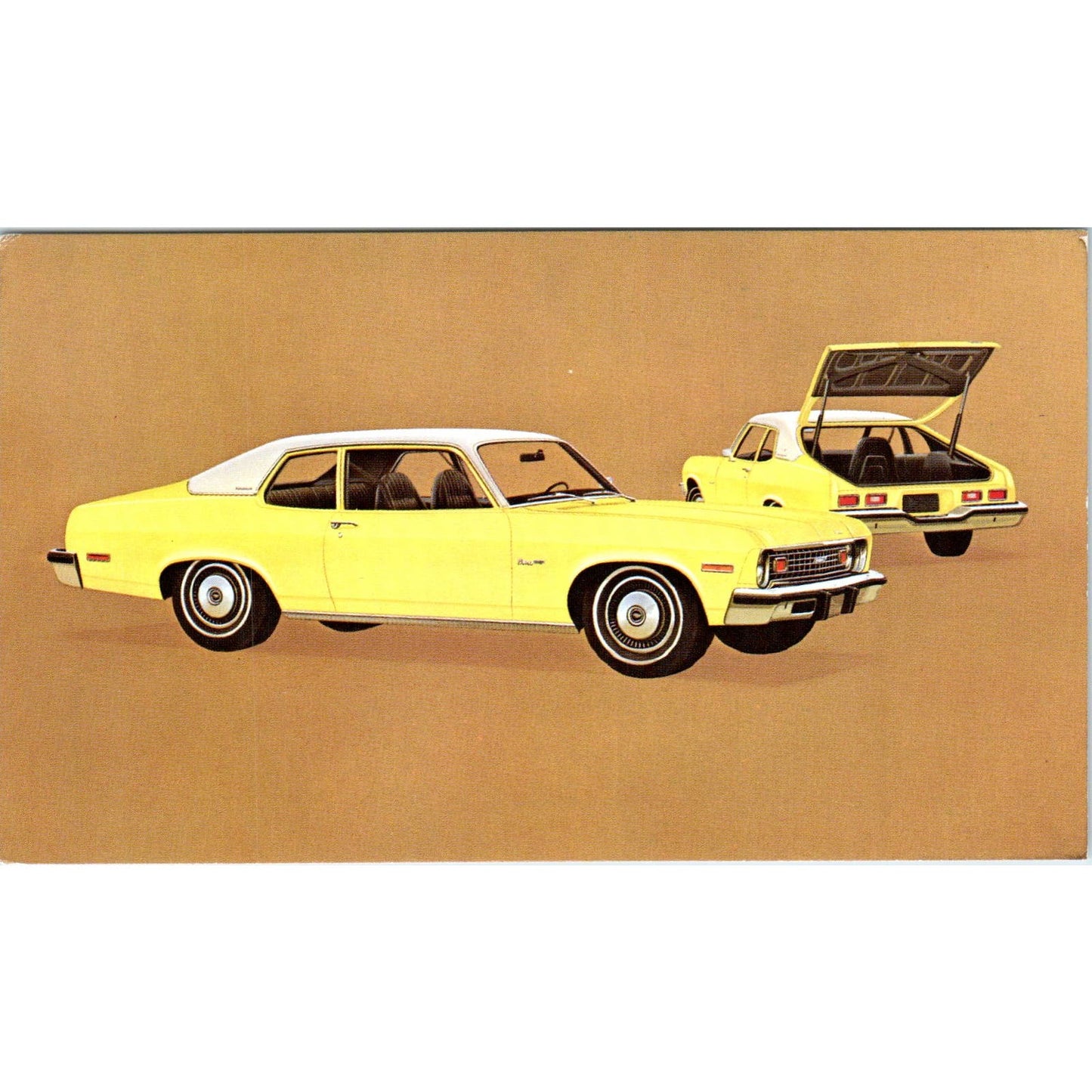 1974 Chevrolet Chevy Nova Custom Hatchback Coupe Yellow Vintage Postcard PC4