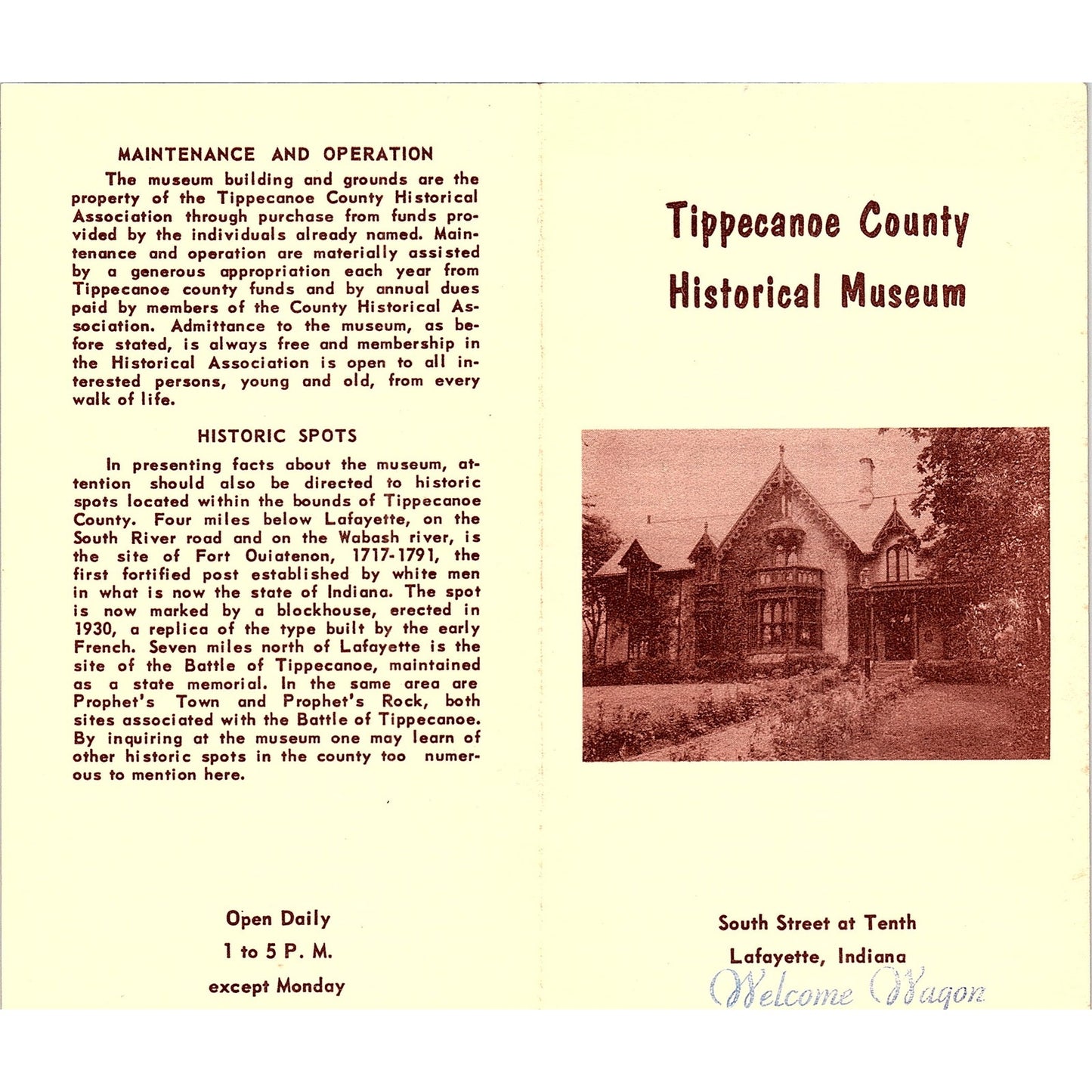 Tippecanoe County Historical Museum Lafayette IN Vintage Travel Brochure TH2-TB5