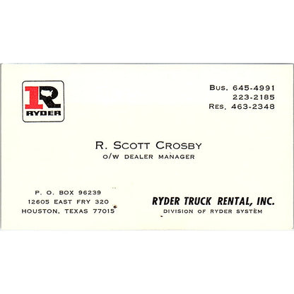 Ryder Truck Rental Inc. R. Scott Crosby Houston Texas Business Card SB4-B5