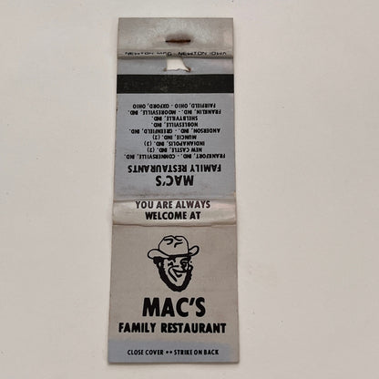 Mac's Family Restaurants Indiana Vintage Matchbook TB6-MB2-15