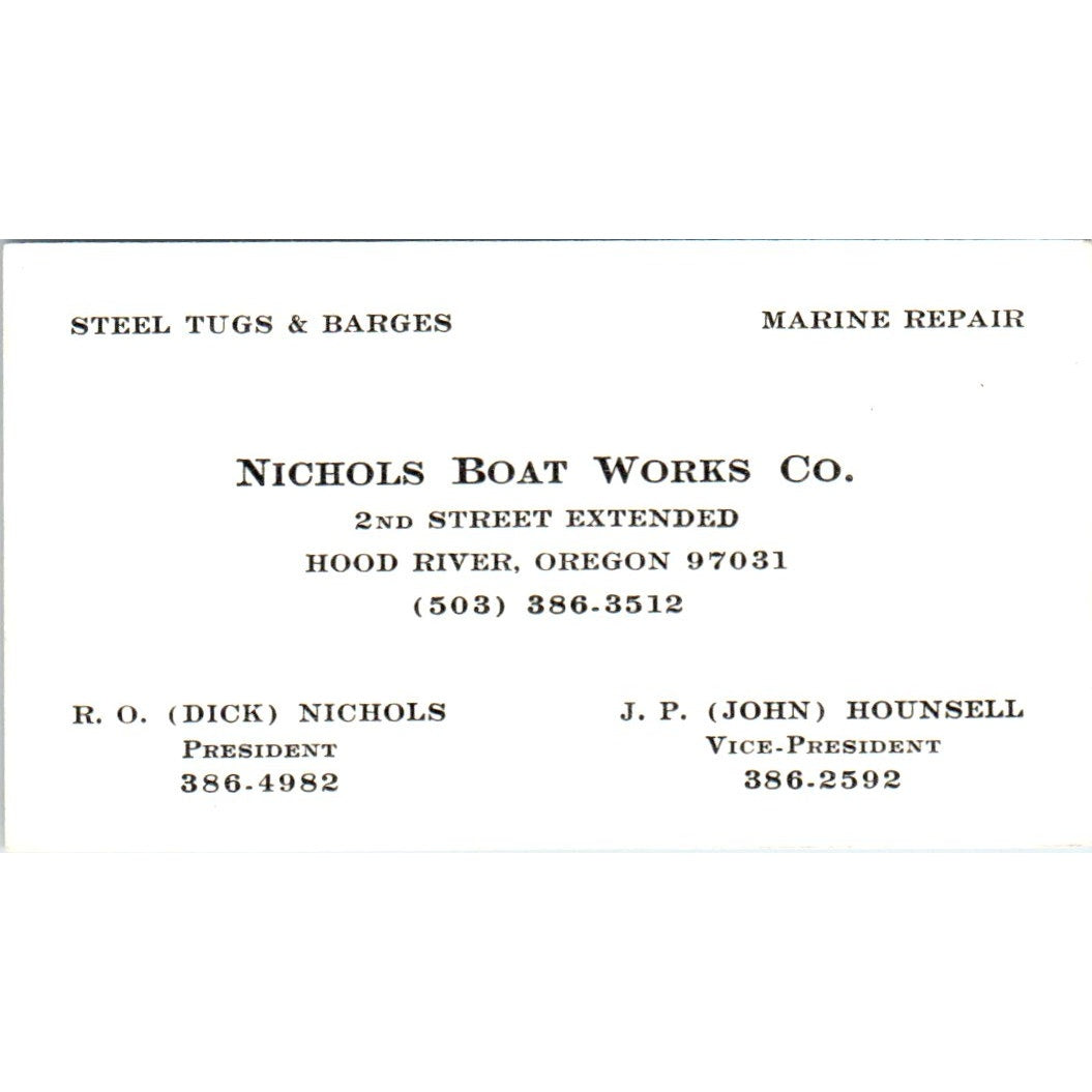 R.O. Nichols Boat Works Co Hood River OR J.P. Hounsell VTG Business Card SD8-B8