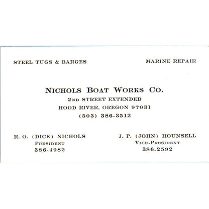 R.O. Nichols Boat Works Co Hood River OR J.P. Hounsell VTG Business Card SD8-B8