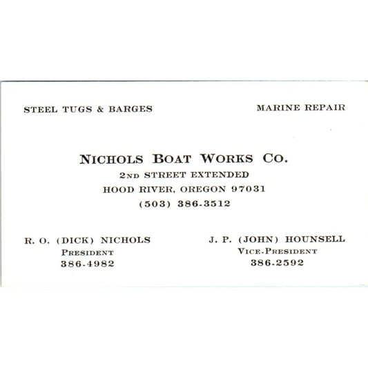 R.O. Nichols Boat Works Co Hood River OR J.P. Hounsell VTG Business Card SD8-B8
