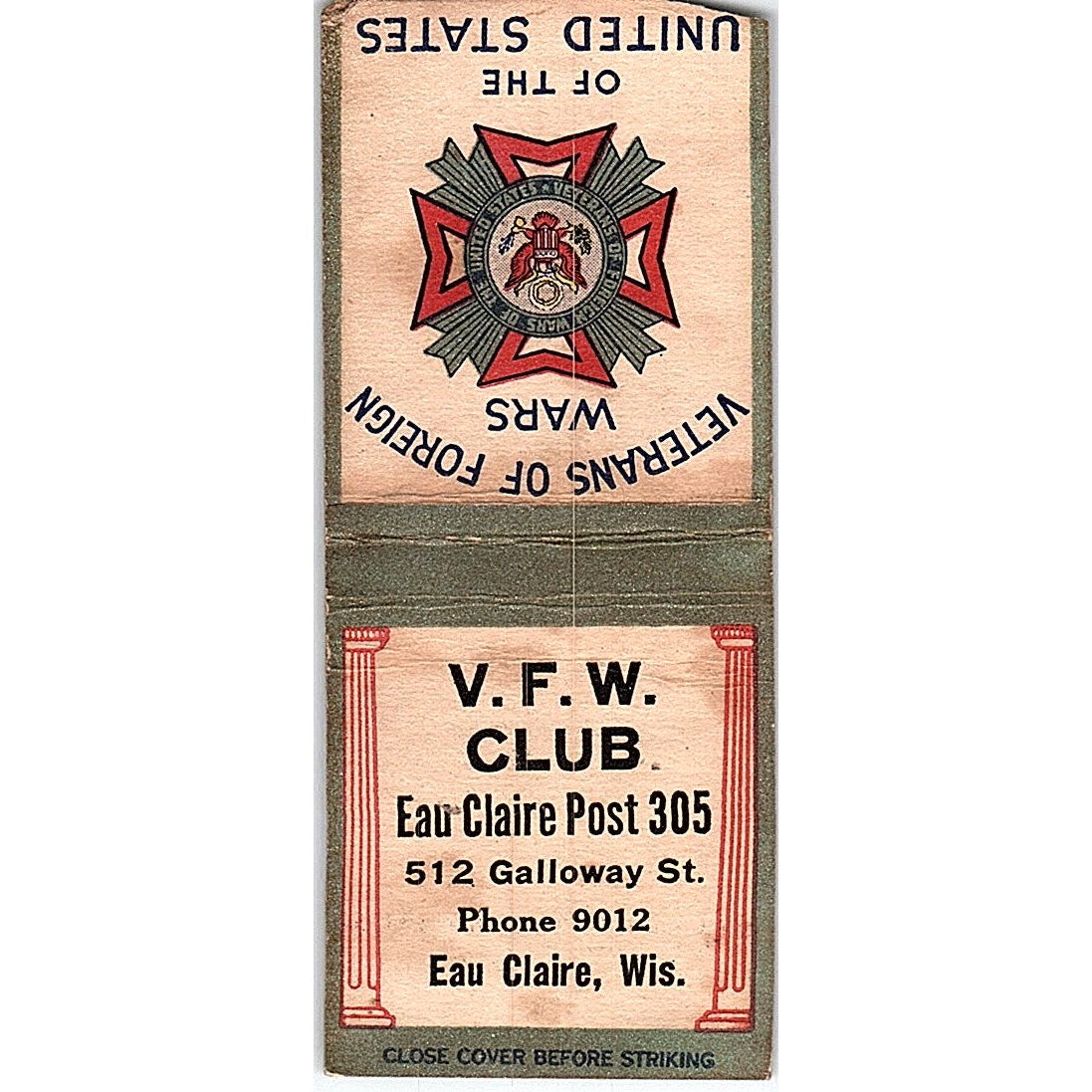 VFW Club Eau Claire Post 305 WI Vintage Matchbook Cover SF3-Y4