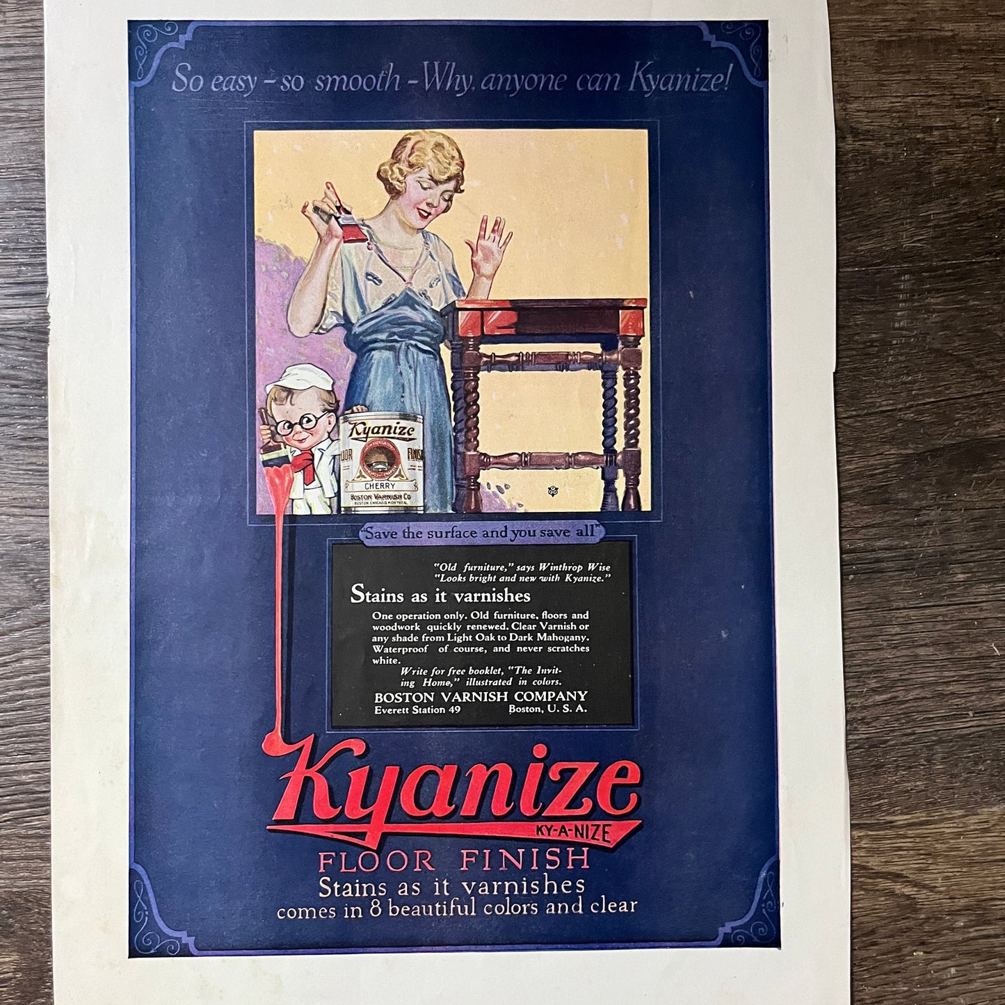 Kyanize Floor Finish Boston Varnish Company Vintage Magazine Ad 10x14 V7