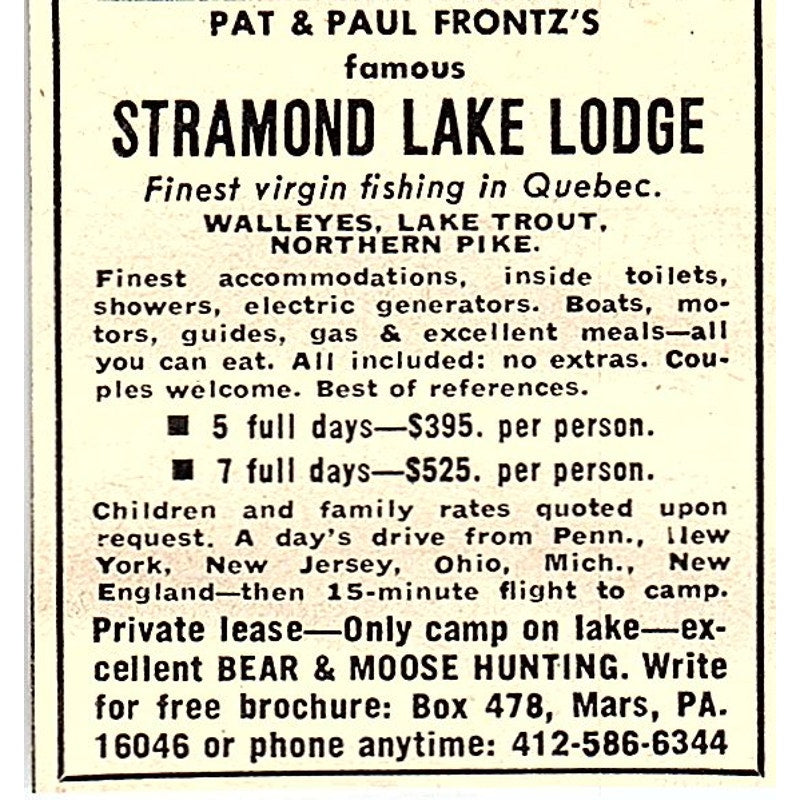 Pat & Paul Frontz's Stramond Lake Lodge Quebec Canada 1977 Ad AF6-M3