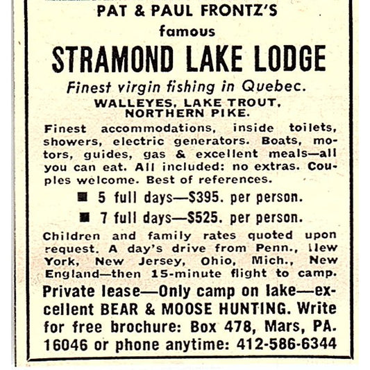 Pat & Paul Frontz's Stramond Lake Lodge Quebec Canada 1977 Ad AF6-M3
