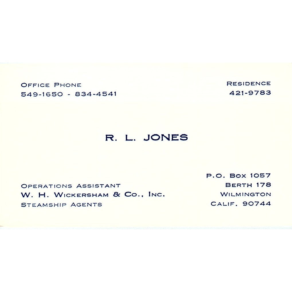 W.H Wickersham & Co.  R.L Jones Wilmington CA Vintage Business Card SB4-B11