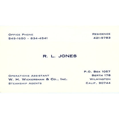 W.H Wickersham & Co.  R.L Jones Wilmington CA Vintage Business Card SB4-B11