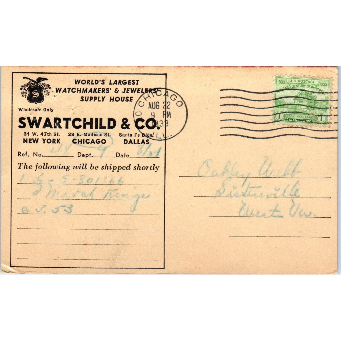 1933 Swartchild & Co Watchmakers NY Chicago Dallas Postal Mailing Card PE7