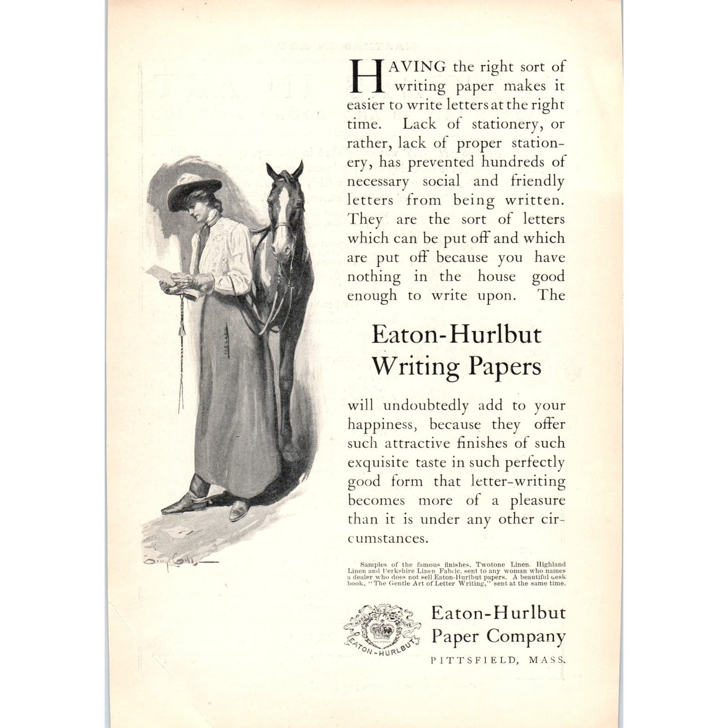 Writing Papers Horse Eaton-Hurlbut Paper Co Pittsfield MA c1905 Victorian Ad D13