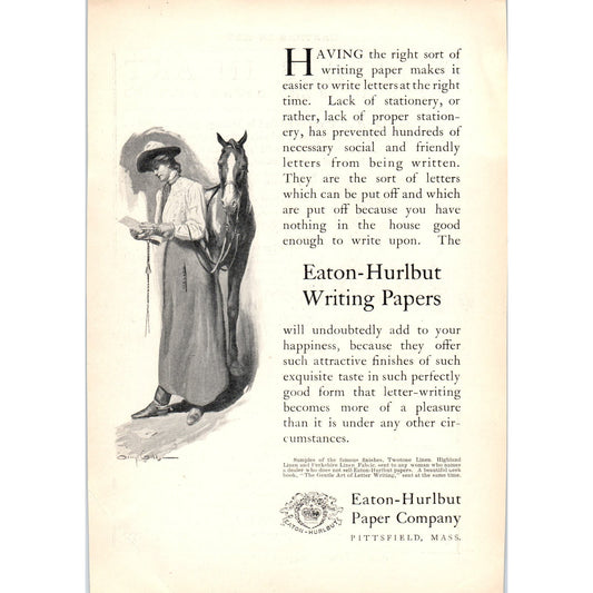Writing Papers Horse Eaton-Hurlbut Paper Co Pittsfield MA c1905 Victorian Ad D13