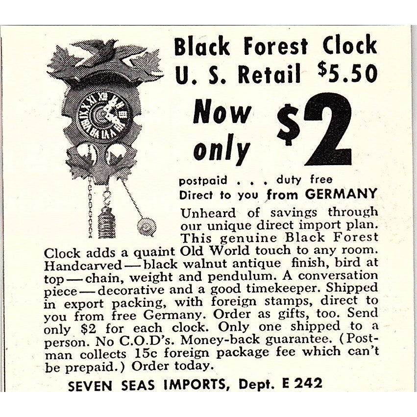 Seven Seas Imports - Black Forest Cuckoo Clock Los Angeles 1955 Ad AF9-M3