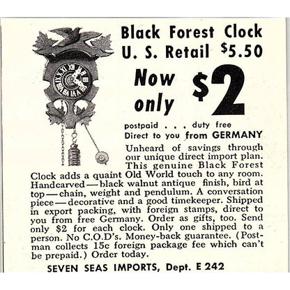 Seven Seas Imports - Black Forest Cuckoo Clock Los Angeles 1955 Ad AF9-M3