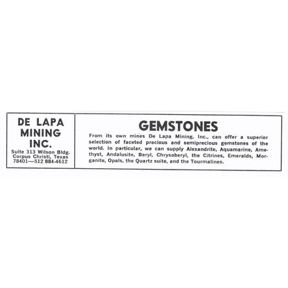 De Lapa Mining Inc Gemstones Corpus Christi Texas 1972 Ad AF8-M4
