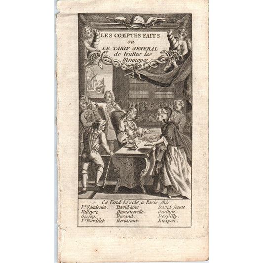 c1780 Original French Engraving Plate The Accounts Facts Of All Monnoyes AE5-FE
