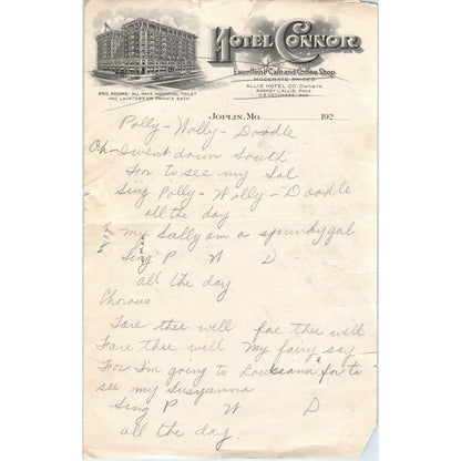 c1920 Hotel Connor Joplin MO Letterhead Handwritten Letter D10