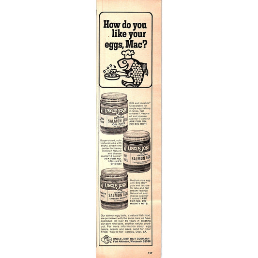Uncle Josh Bait Company Fort Atkinson WI Salmon Eggs 1977 Ad AF6-5