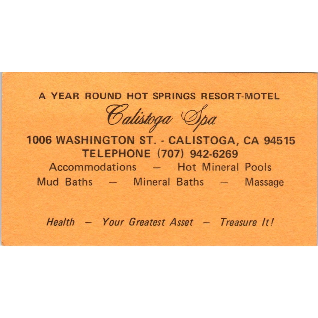 Calistoga Spa Mineral Baths Calistoga CA Vintage Business Card SE3-B2