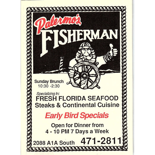 Palermo's Fisherman Seafood Restaurant St. Augustine FL 1989 Ad AF9-13
