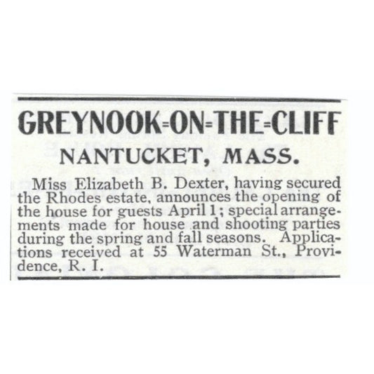 Greynook-on-the-Cliff Nantucket MA Elizabeth B Dexter 1903 Magazine Ad AF7-SS1