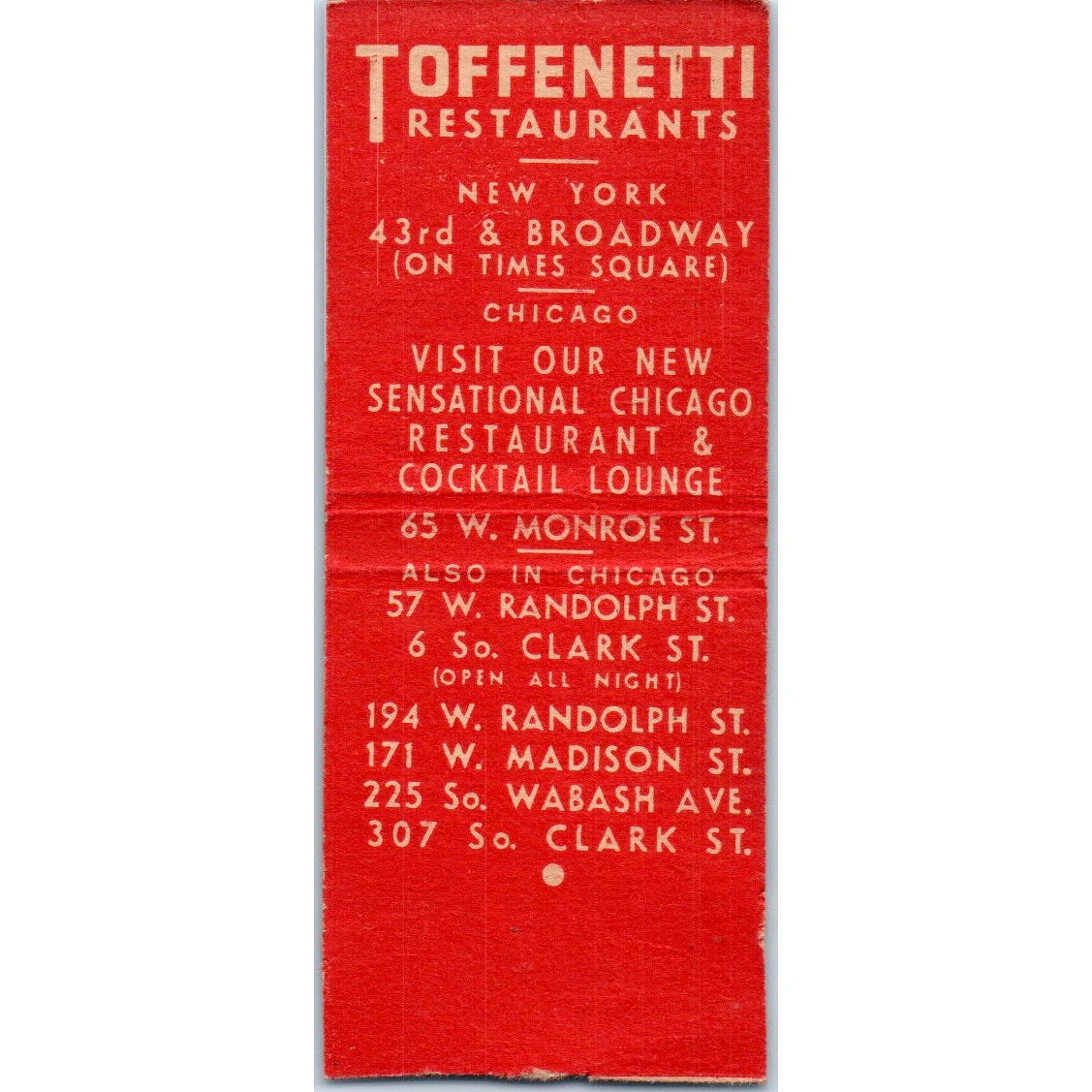 Toffenetti Restaurants New York Chicago Vintage Matchbook Cover SD4-Y15
