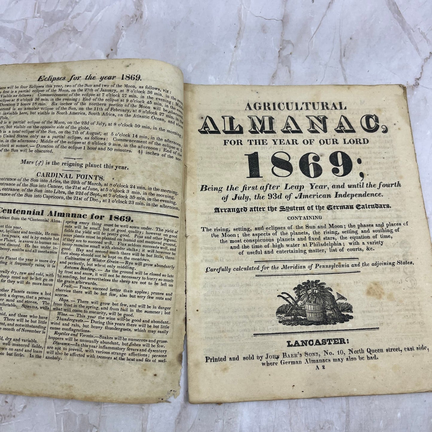 1869 Agricultural Almanac Lancaster PA John Baer’s Sons TF5