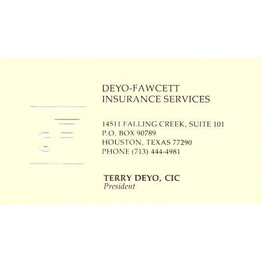 Terry Deyo CIC Deyo-Fawcett Ins Services Houston Vintage Business Card SD9-B6
