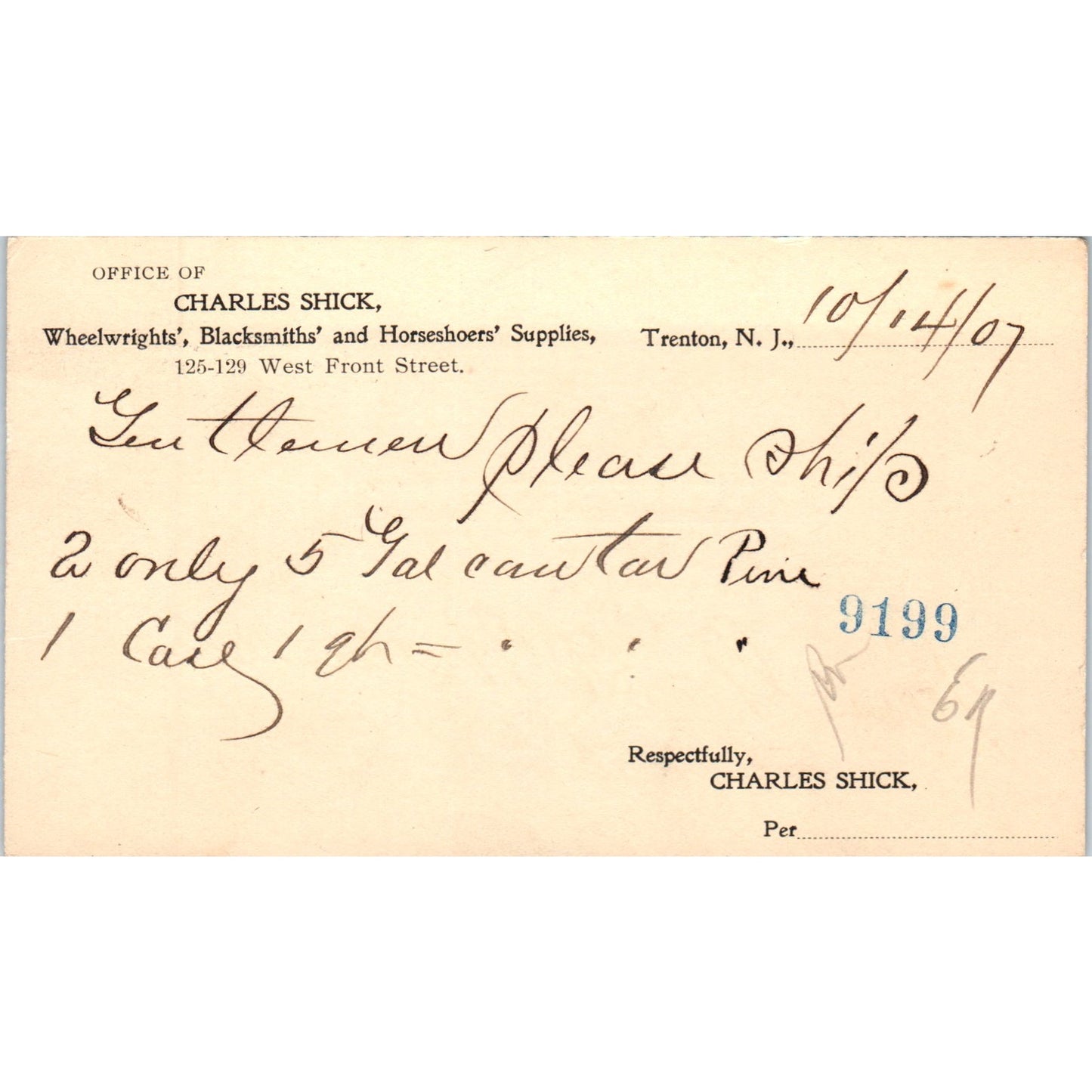 1907 Charles Shick Wheelwright Blacksmith Trenton NJ Postal Mailing Card PE6