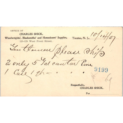 1907 Charles Shick Wheelwright Blacksmith Trenton NJ Postal Mailing Card PE6