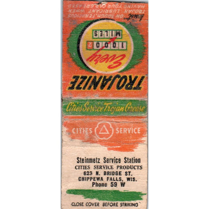 Steinmetz Service Station Chippewa Falls WI Trojanize Vintage Matchbook SD2-Y11