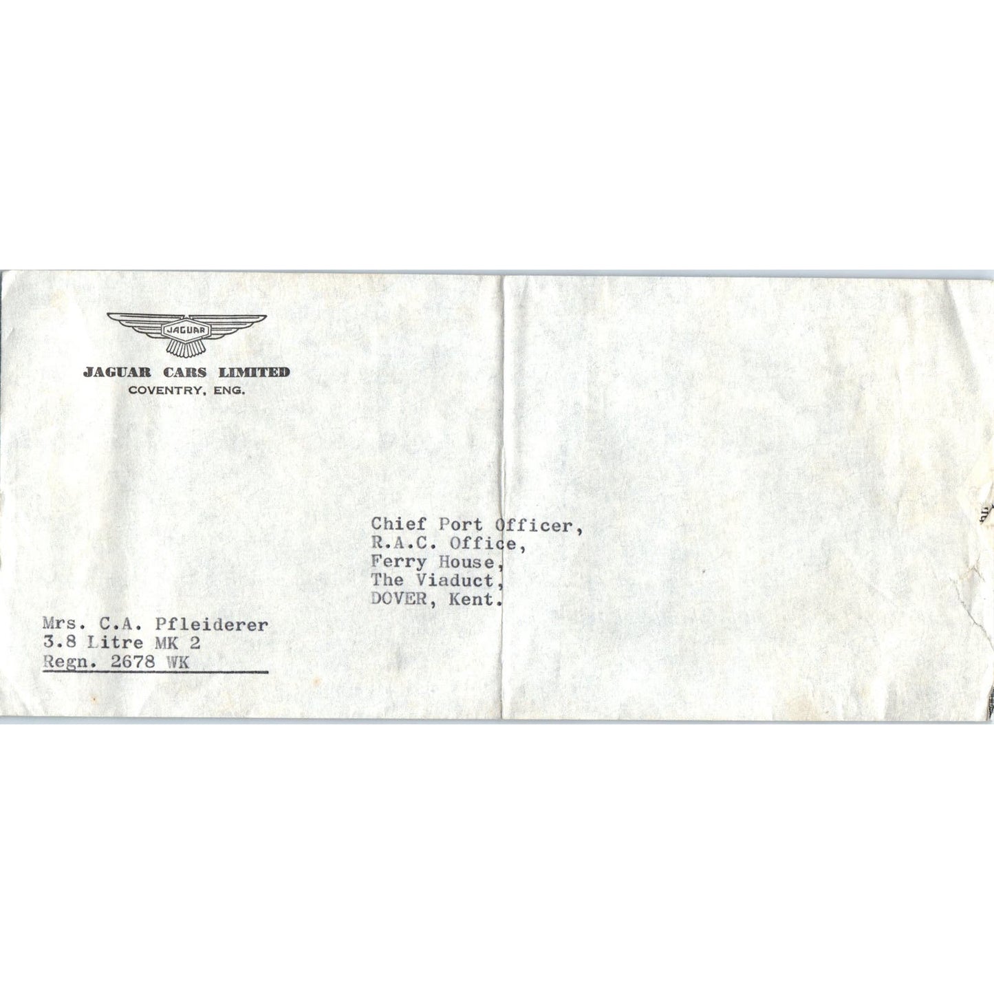 1950s Jaguar Cars Limited Coventry Envelope to Dover, Kent AE2