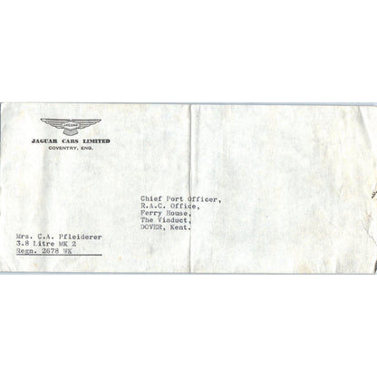 1950s Jaguar Cars Limited Coventry Envelope to Dover, Kent AE2