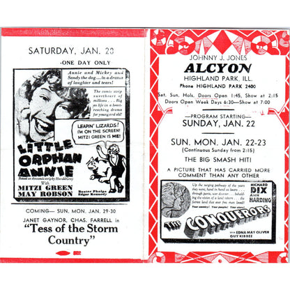 c1932 Johnny J. Jones Alcyon Theatre Highland Park IL Program The Conquerors AB9