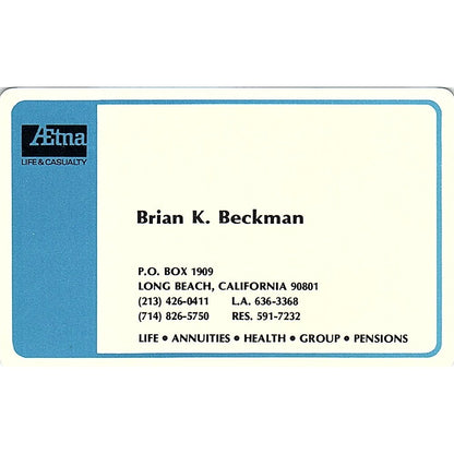 1973 Brian K Beckman Aetna Ins Co Long Beach CA Vintage Business Card SE3-B15