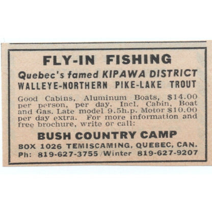 Bush Country Camp Fly-In Fishing Temiscaming Quebec CA 1977 Ad AF6-M4