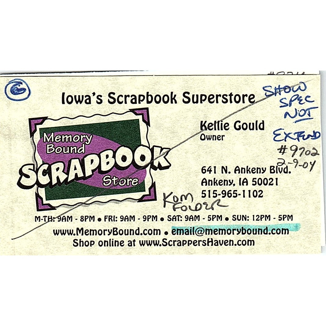 Kellie Gould Memory Bound Scrapbook Store Ankeny IA Vtg Business Card SC9-B11