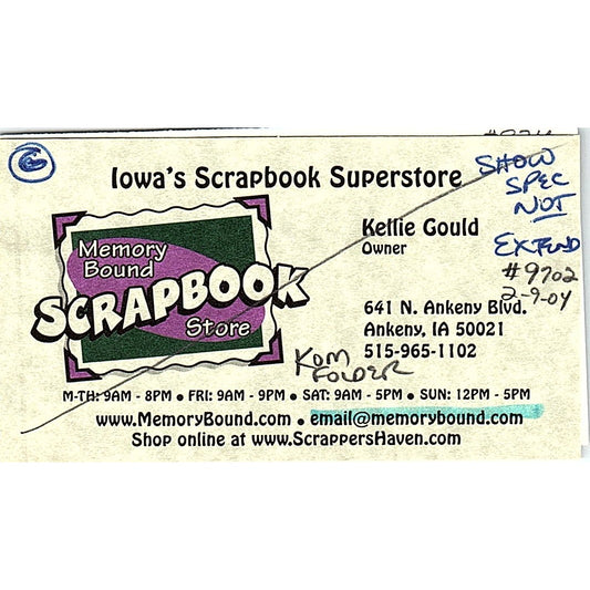 Kellie Gould Memory Bound Scrapbook Store Ankeny IA Vtg Business Card SC9-B11