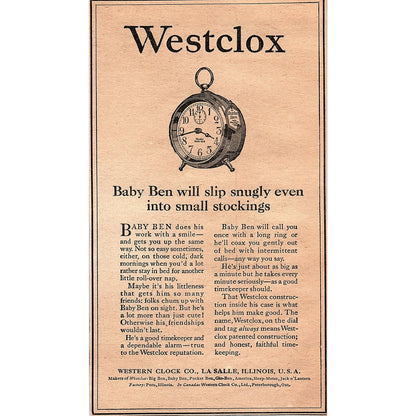 Westclox Baby Ben - Western Clock Co La Salle IL 1920 Ad AG2-6
