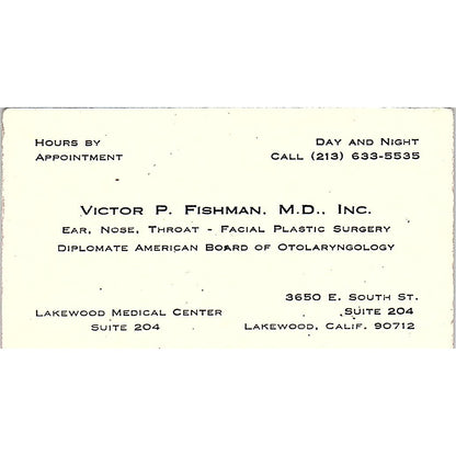 Diplomate American Board, Victor P Fishman CA Vintage Business Card SF3-B7