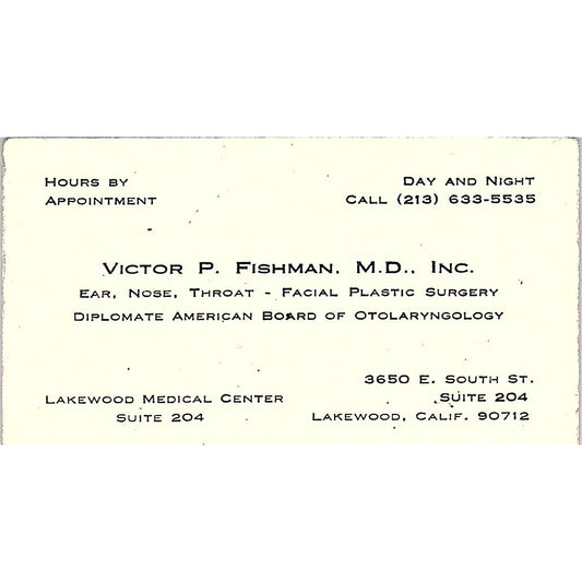 Diplomate American Board, Victor P Fishman CA Vintage Business Card SF3-B7