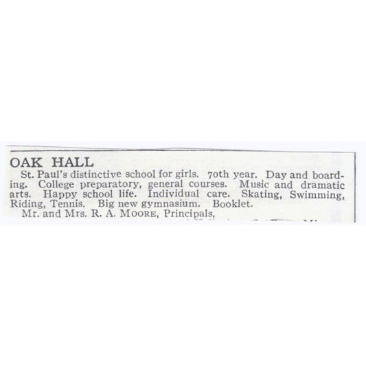 Oak Hall Girls School St. Paul MN R.A. Moore 1918 Original Advertisement AE5-SA8