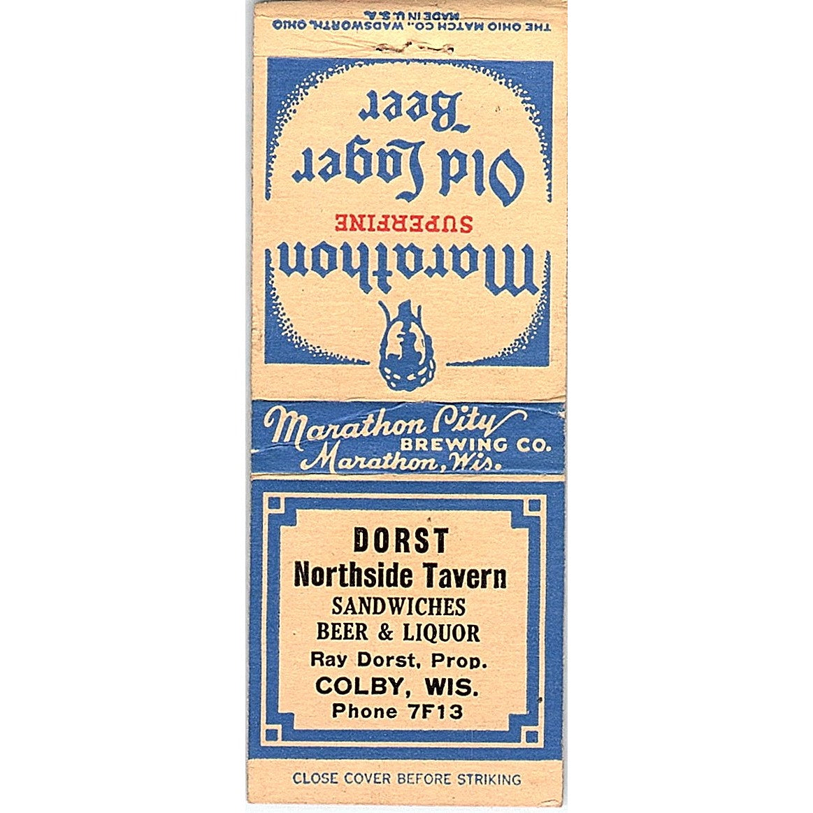 Dorst Northside Tavern Marathon Superfine Colby WI Vtg Matchbook Cover SE5-Y2